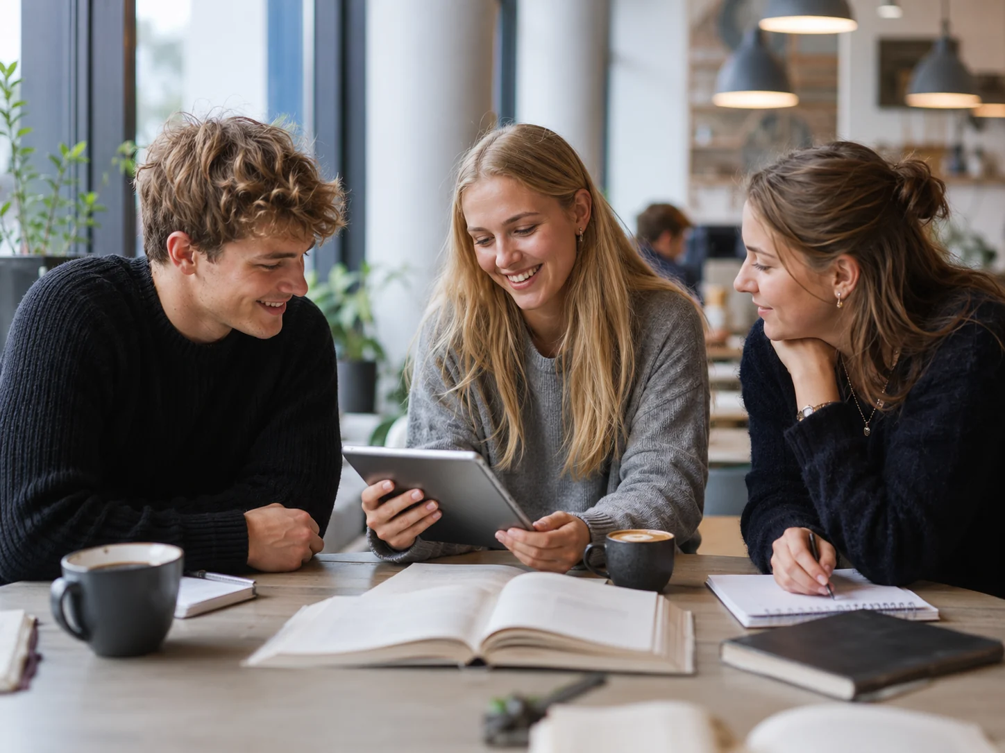 Studerende der arbejder sammen i et uformelt studiemiljø