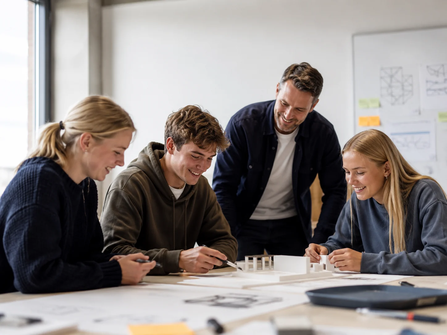 Studerende og underviser arbejder med en praksisnær opgave
